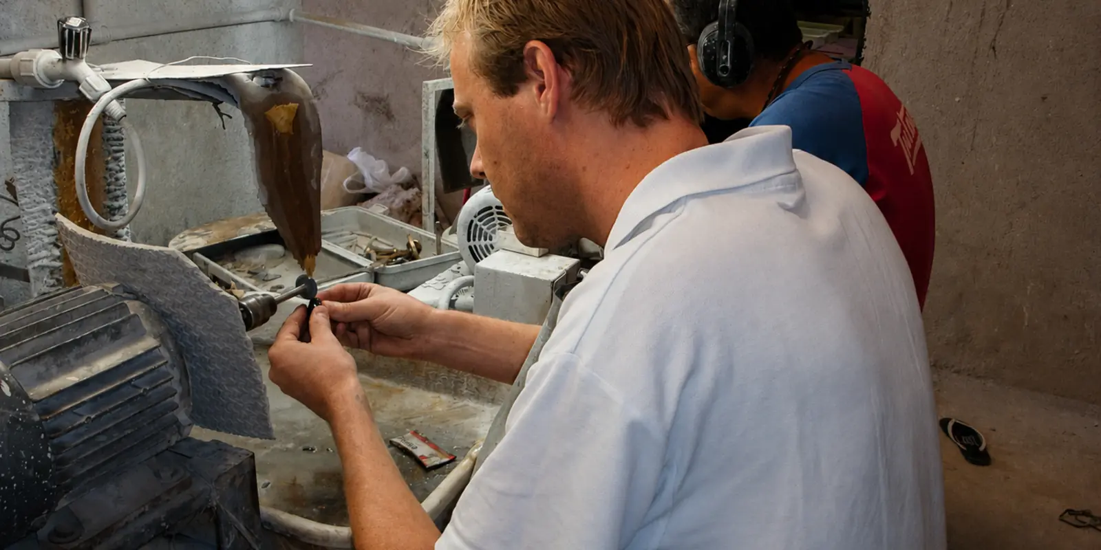 Crystal Skulls Brazil founder making a crystal carving in a workshop in Minas Gerais, Brazil.