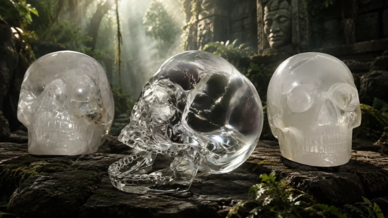 Illustration of three ancient crystal skulls in the jungle