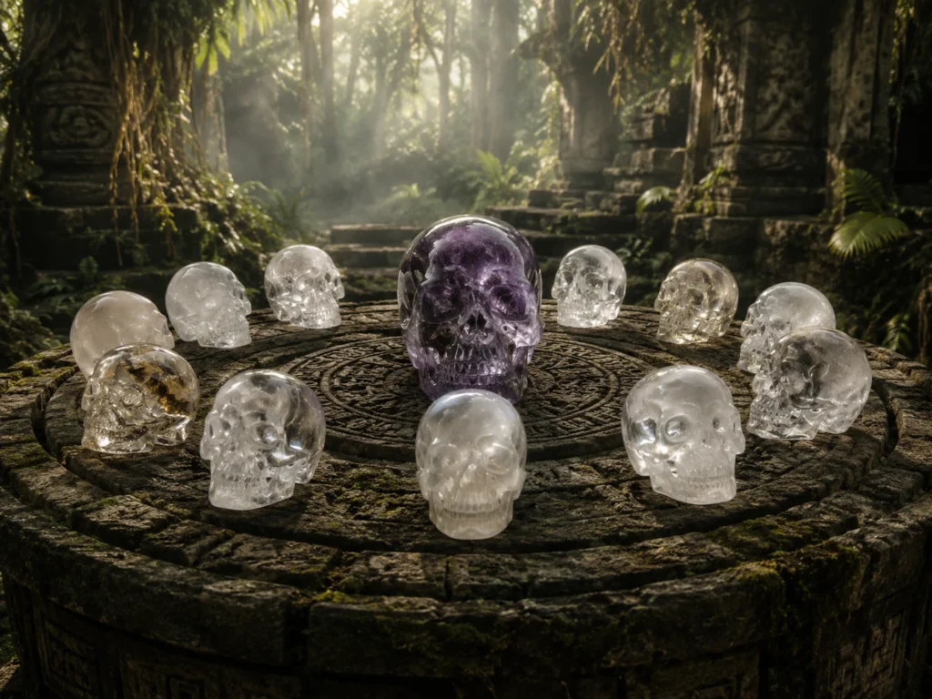 Famous & Ancient Crystal Skulls 4 Illustration of the thirteen crystal skulls, twelve gathered around one master skull